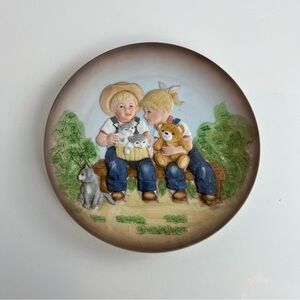 Denim Days A Sunny Day 8” Plate by Homco #1505 Children Kittens 1985 Vintage